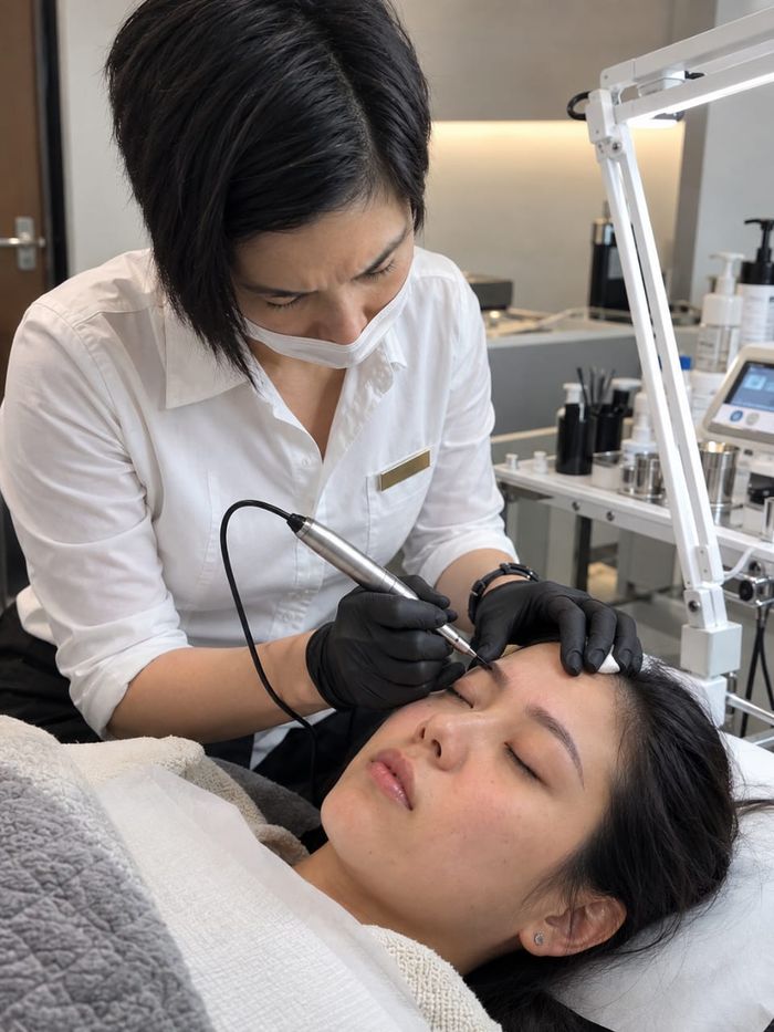 Therapist working on a client's eyebrow with a precision pen